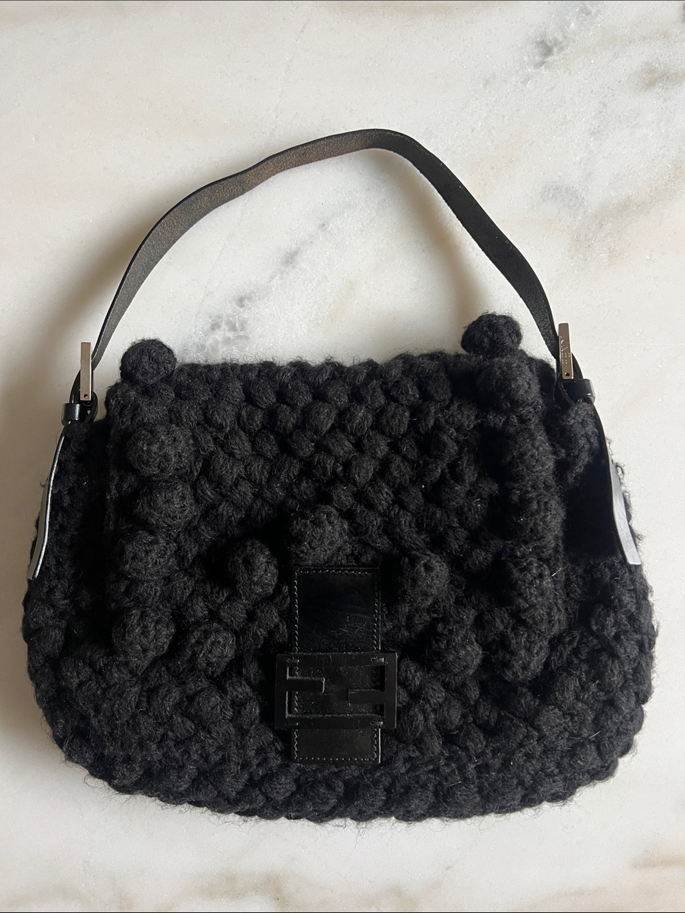 Fendi Vintage Black Crochet Whole Pom-Trim Shoulder Bag / Baguette